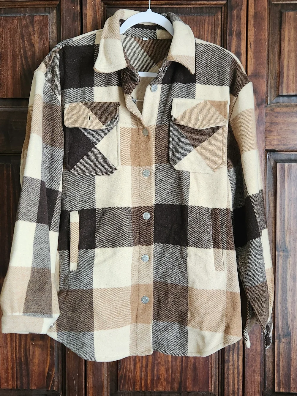 Plaid Button-Up Shacket in Cream, Tan & Brown